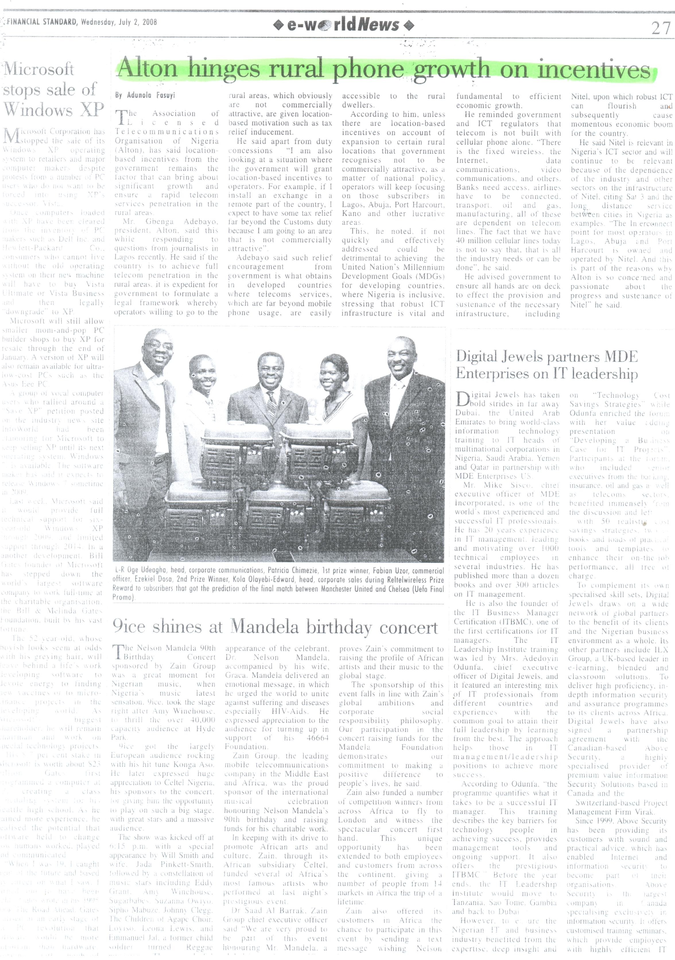 Publication on ALTON in the Financial Stardard of July 2, 2008